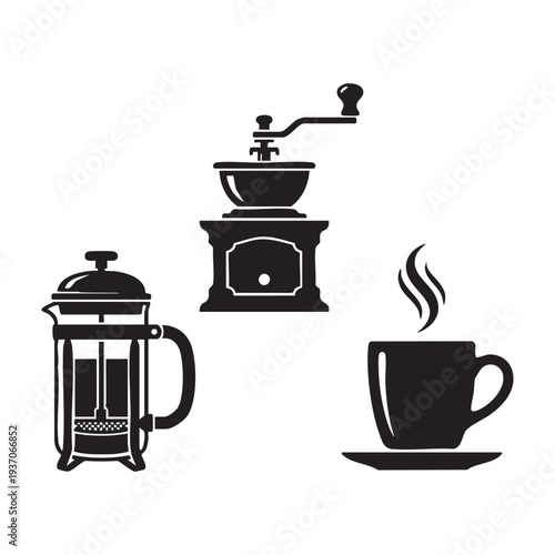 Traditional Coffee Brewing Hand Grinder French Press and Mug Silhouette Set