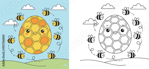 Cute kawaii honeycomb Easter egg character with flying bees coloring page, vector illustration with colored and black outline versions for kids.