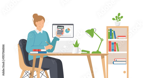 Woman works at a desk with a calculator, laptop, and books.