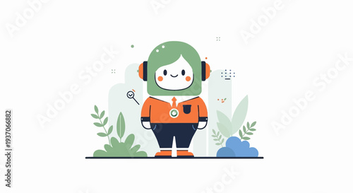 Whimsical character with headphones, tie, and shirt, surrounded by abstract plants