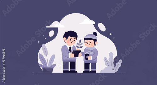 Two figures exchange a potted plant, symbolizing growth and sharing