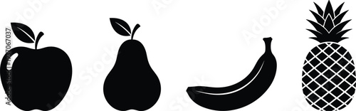Set of black fruit silhouettes including apple pear banana and pineapple isolated on white background for healthy food design