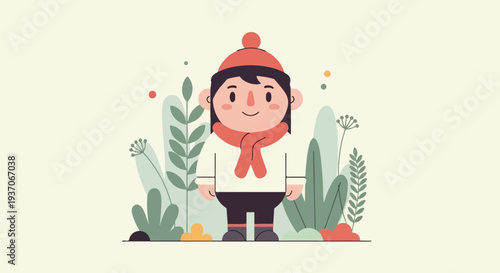 A cheerful cartoon child wearing winter clothes and a scarf stands amidst stylized green plants and small colorful dots on a light background