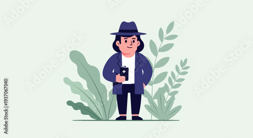 A character in a hat and jacket holds a device surrounded by plants