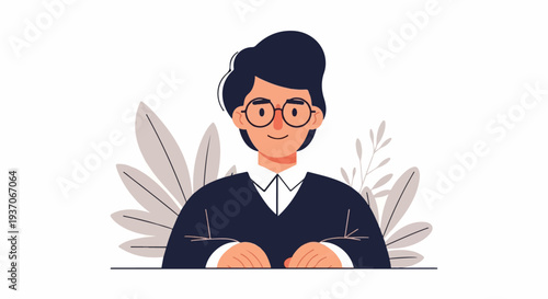 Cheerful person with glasses and dark hair in a dark sweater, arms crossed