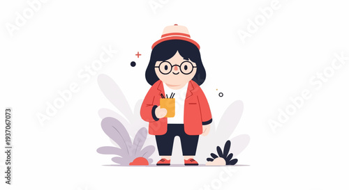 A character in a red jacket, hat, and glasses holds a cup with pens