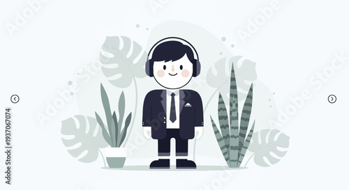 Minimalist illustration of a person in a suit with headphones, surrounded by potted plants and large leaves