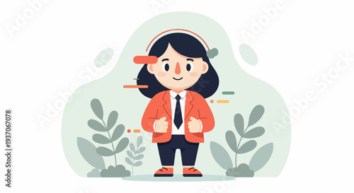 A cheerful, cartoonish person in a suit stands confidently