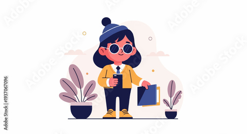 A person holding a cup and folder, wearing a hat and glasses, with plants nearby