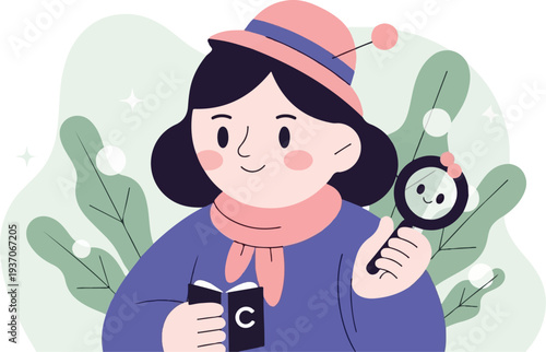 A curious child with a magnifying glass and book, surrounded by foliage