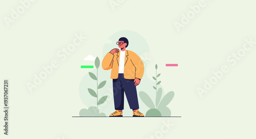 A stylish individual wearing glasses and a jacket, stands thoughtfully amidst abstract plants and clouds