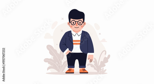 A young boy wearing glasses, a blue blazer, and orange shoes stands in a park