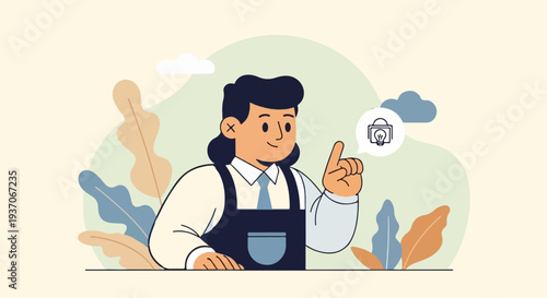 Friendly person in apron points finger with thought bubble showing light bulb