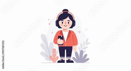 Cute character with headphones and phone surrounded by stylized plants