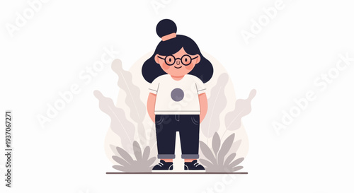 A stylized, illustrated young person with dark hair in a bun, round glasses, and casual attire stands against a backdrop of large, muted plant leaves