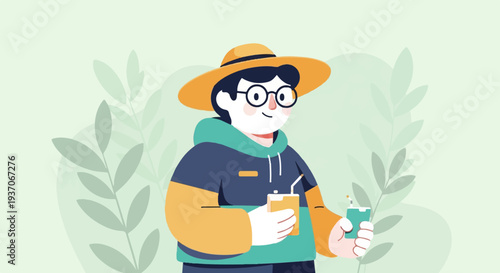 Cheerful person in hat and hoodie enjoys drinks amidst soft green foliage