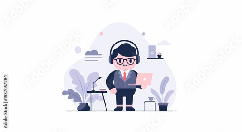 Animated character with headphones and laptop, surrounded by plants and office items