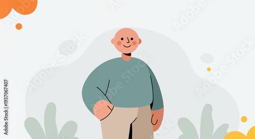 Minimalist illustration of a bald person with a friendly expression, wearing casual clothing against a soft background