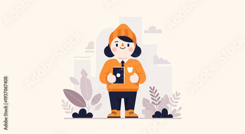 Cheerful person in orange attire with hat holding a tablet, surrounded by abstract nature elements