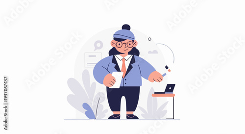 A character in business attire holds a paper and pen, near a laptop on a stand