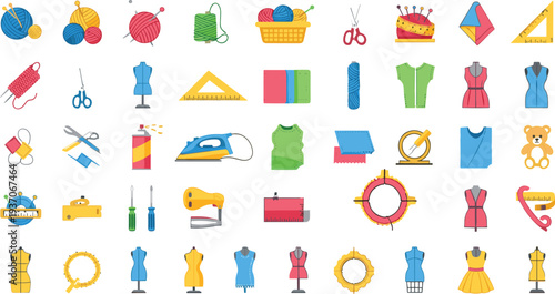 Sewing and Tailoring Equipment Icon Set with Needle Thread Scissors Mannequin Measuring Tape Fabric Dressmaking Tools Vector Collection.