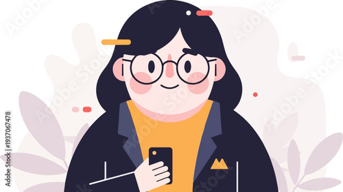Cheerful person in glasses holds phone amidst abstract floral shapes