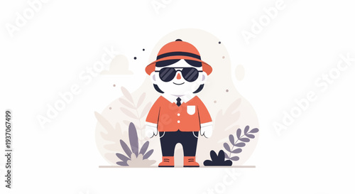A cheerful character in a safari hat and sunglasses stands amidst stylized plants and clouds