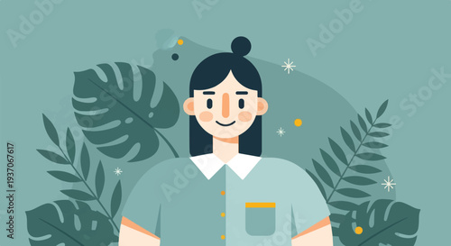 Flat illustration of a young woman with dark hair and cheerful expression, amidst lush foliage and subtle sparkling accents