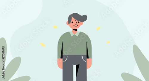 Flat illustration of a smiling man in a green shirt and grey pants with abstract background elements