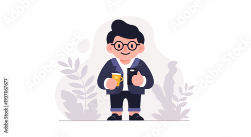 Cheerful cartoon figure in a suit, holding a phone and a beverage