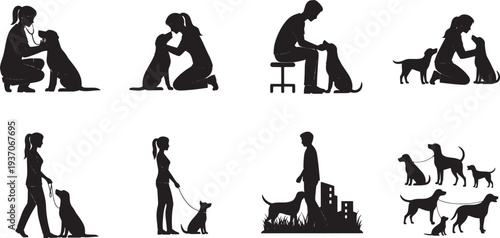 People interacting with dogs in various settings and activities from different viewpoints