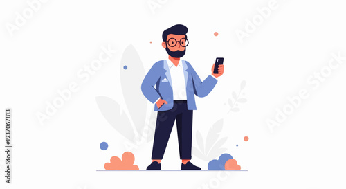 Bearded man in glasses holds smartphone, wearing blue jacket