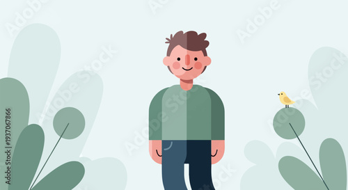 A cheerful person stands amidst soft, organic shapes of foliage with a small bird perched nearby
