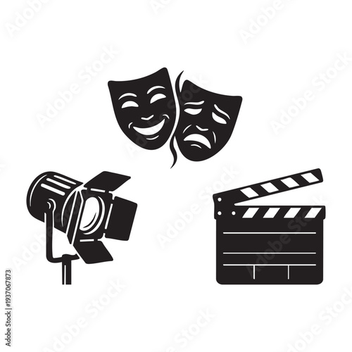 Classic Theater Drama Masks Stage Spotlight and Clapperboard Silhouette Set