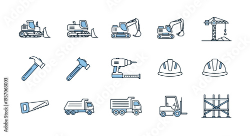 The image features a collection of outline icons depicting various construction vehicles, tools, safety equipment, and structures in blue and white.