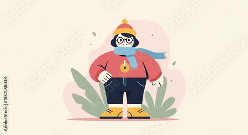 Whimsical character in winter attire with a scarf, hat, and boots, surrounded by abstract shapes