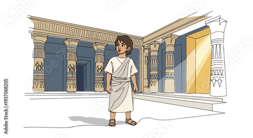 Scene from the Bible depicting Moses exploring ancient architecture with detailed columns and sunlight filtering through doors.
