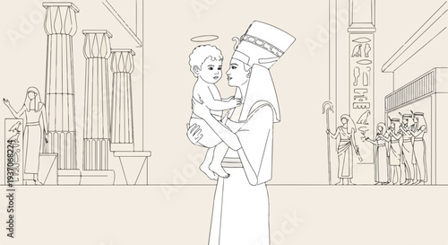 Scene from Old Testament with Moses holding child in ancient setting with architecture and figures in background. This scene from the Bible reflects themes of protection and faith,