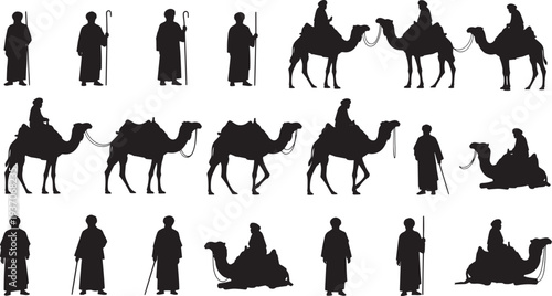 Collection of silhouetted figures on camels walking and resting in desert landscape viewed from various angles