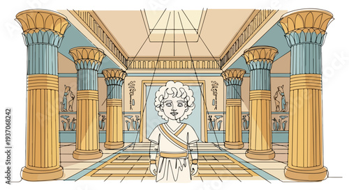 Scene from the Bible featuring Moses in ancient setting with grand columns and sunlight illuminating figure. Old Testament depiction includes architectural details, vibrant colors,