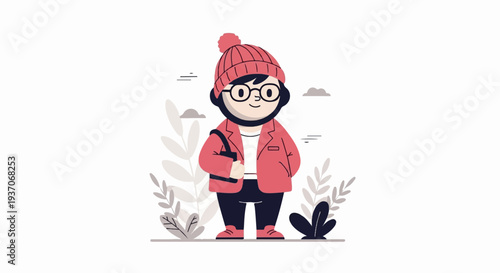 Stylized illustration of a person in winter attire, holding a bag, with minimalist plants