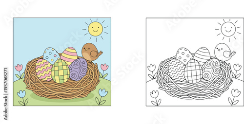Cute Easter coloring book page for kids with colored example featuring a bird, nest full of decorated eggs, flowers, and smiling sun illustration.