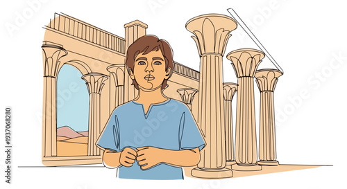 Scene from the Bible featuring young boy near ancient columns and ruins in sunlit landscape, evoking Old Testament narratives.