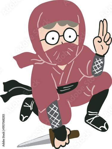 立膝をついて片手に刀を持ち印を結ぶ忍者