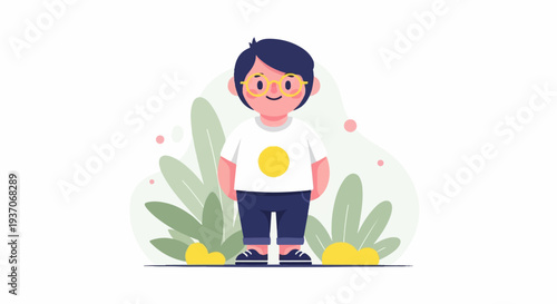 A cartoon boy with dark hair, round glasses, and a white shirt with a yellow circle, stands amidst stylized green plants and yellow shapes