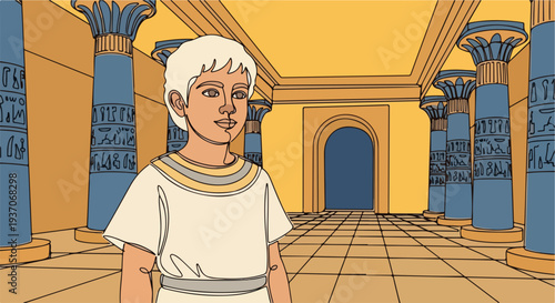 Scene from the Bible depicting Moses in ancient setting with pillars and tiled floor. Old Testament narrative illustrated with young character representing Moses in historic architecture.