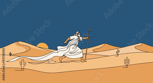 Scene from the Bible featuring Moses walking in desert landscape under sunset. This illustration depicts Moses from the Old Testament as he journeyed through the wilderness.
