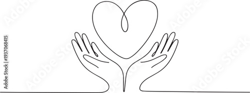 Continuous one line art drawing of hands holding a heart, minimalist symbol of love, care, protection, and charity donation vector illustration