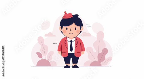 A cheerful cartoon boy in a red suit and hat stands against a soft pink botanical background