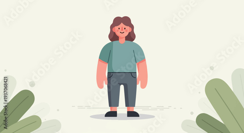 A smiling figure in a teal shirt and gray pants stands against a light backdrop with green foliage accents